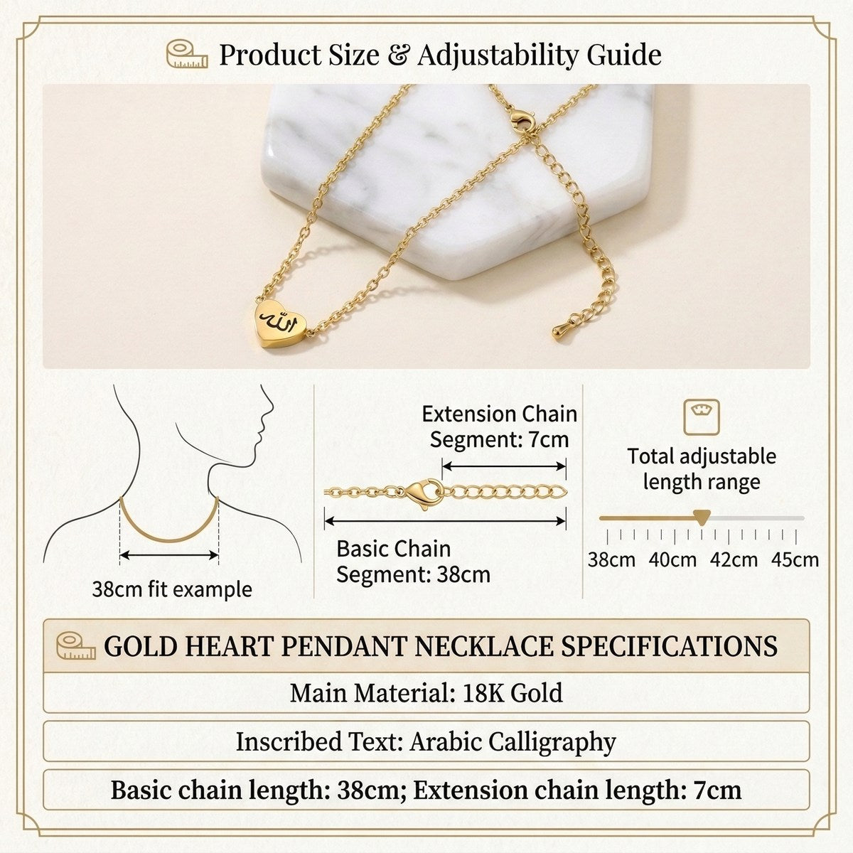 18K Gold Heart Arabic Necklace Muslim Islamic Jewelry