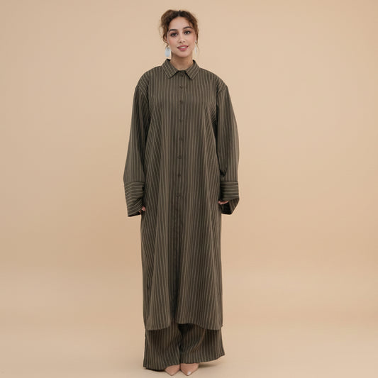 Muslim Women 2 Pieces Set Abaya Tops And Pants Suit Set - With Stripe Pattern - Daily Wear - #261293