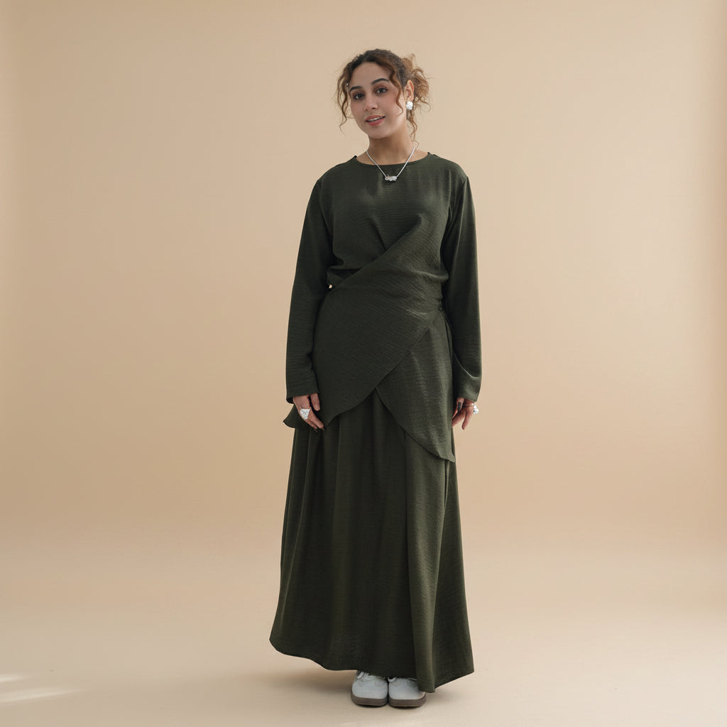Muslim Women 2 Pieces Set Wrinkle Tops And Skirt Suit Set Abaya Daily Wear #261098
