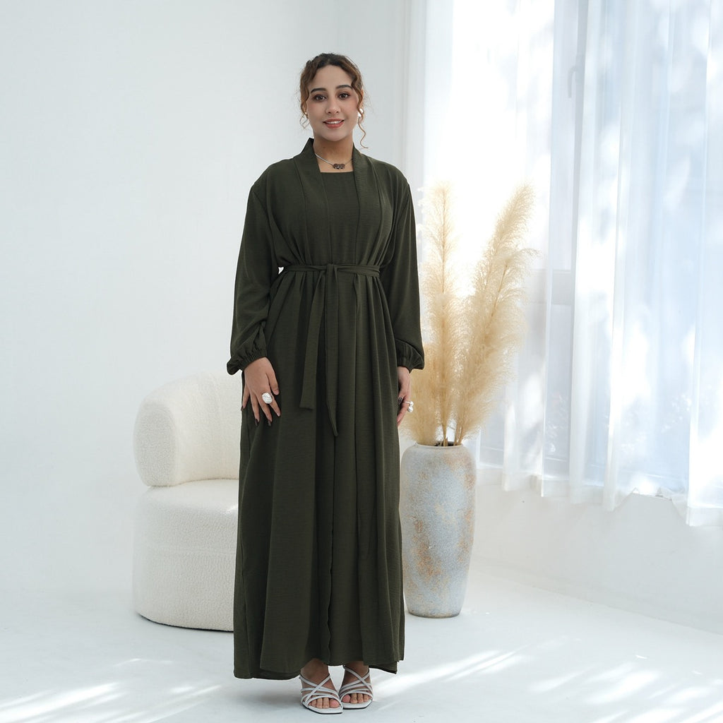 3 Pieces Set Wrinkle Fabric Cardigan Open Abaya Dress With Hijab