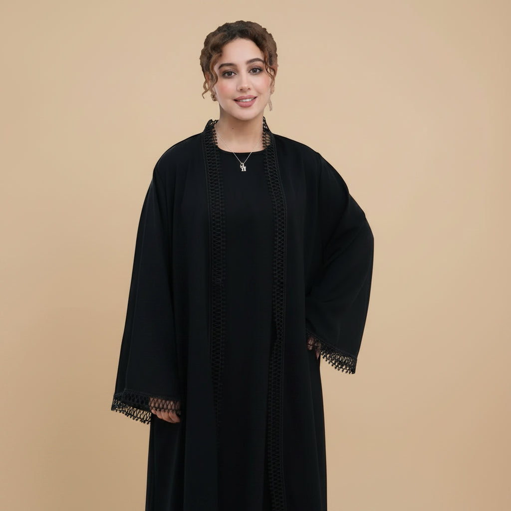 3D Floral Lace 2 Pieces Set Open Abaya Dress Set - With Inner Sleeveless Abaya Dress - #261182