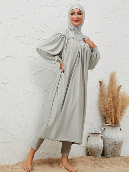 Muslim Burkini 3 Pieces Set Swimsuit Swimwear - Islamic Halal Bathing Suit - Gray - #2611031