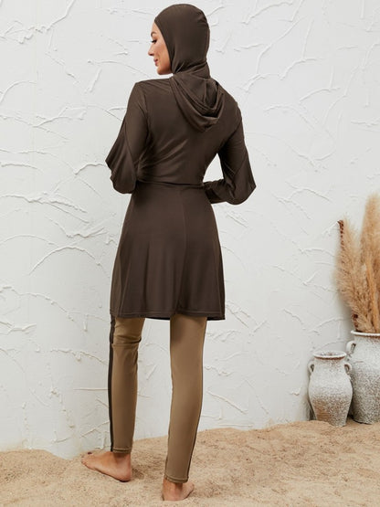 Muslim Burkini 3 Pieces Set Swimsuit Swimwear - Islamic Halal Bathing Suit - Coffee - #2611064