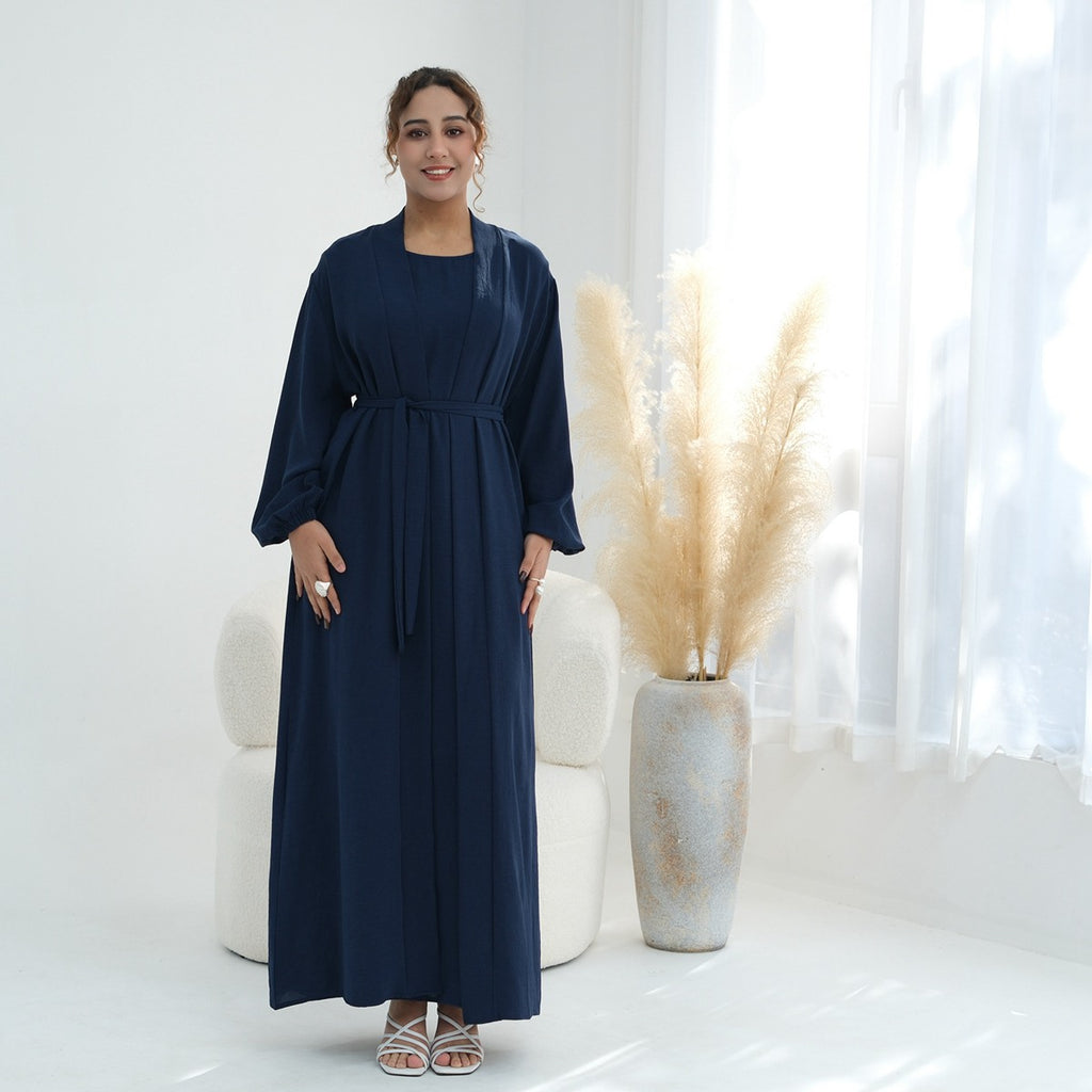 3 Pieces Set Wrinkle Fabric Cardigan Open Abaya Dress With Hijab