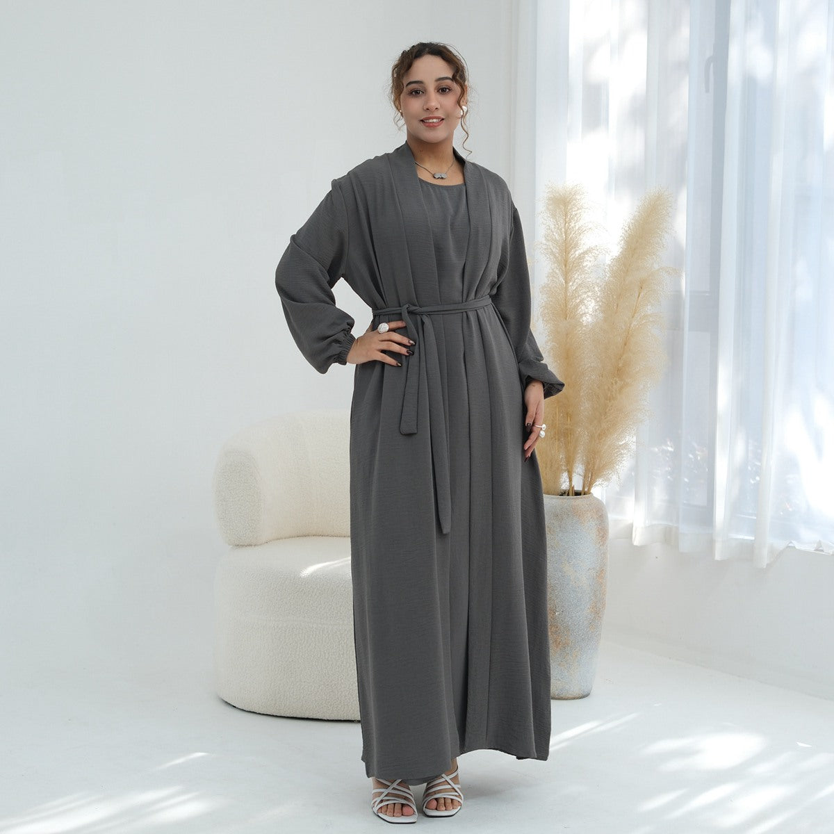 3 Pieces Set Wrinkle Fabric Cardigan Open Abaya Dress With Hijab