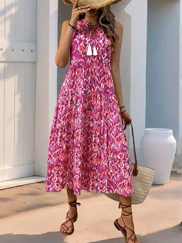 فستان مطبوع بفتحة رقبة على شكل حرف V وشرابة #259121