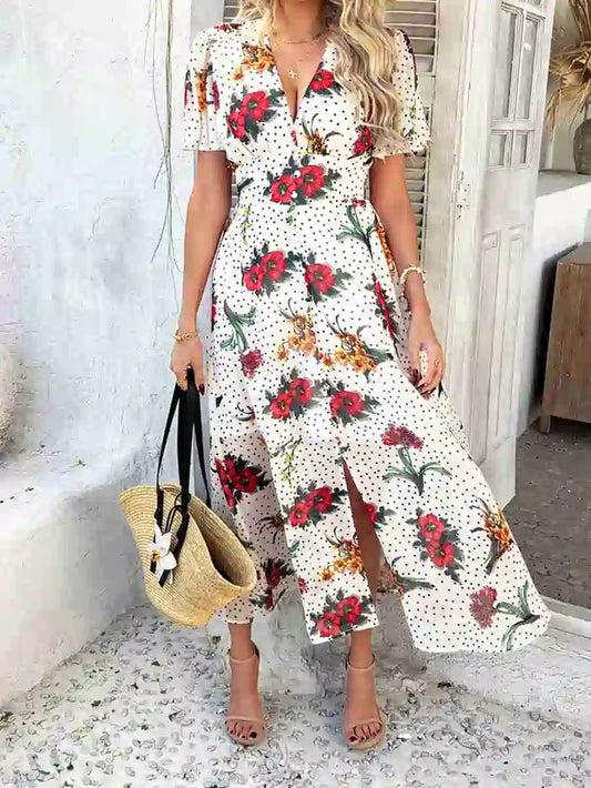 فستان نسائي مطبوع بفتحة رقبة على شكل حرف V من بوهيميا #2523048