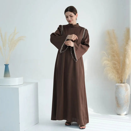 Muslim Women Beads Satin Abaya Dress