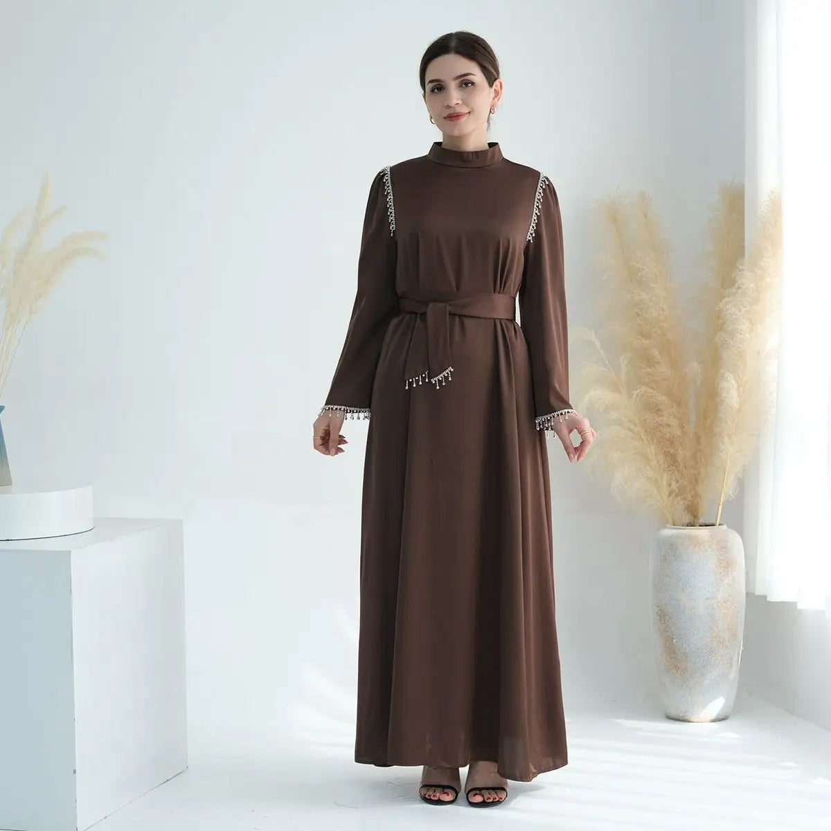 Muslim Women Beads Satin Abaya Dress