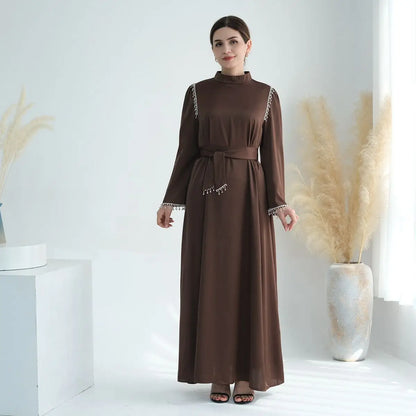 Muslim Women Beads Satin Abaya Dress