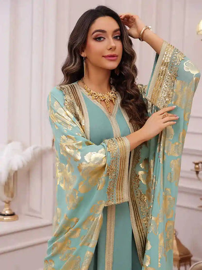 طقم من قطعتين فستان العيد البرونزي قفطان مع فستان داخلي بدون أكمام #25473