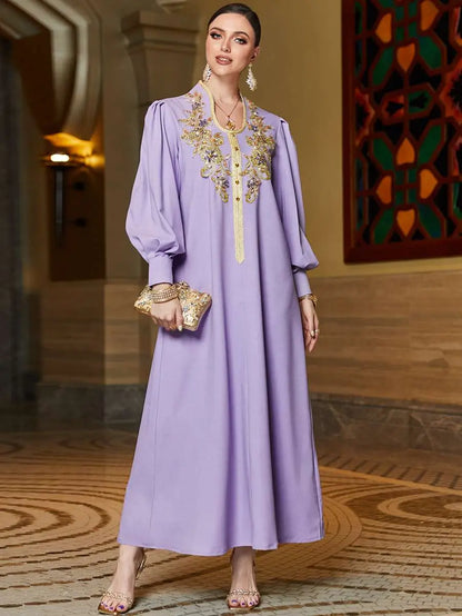 Hand-stitched Rhinestone Lace Applique Caftan Kaftan Dress