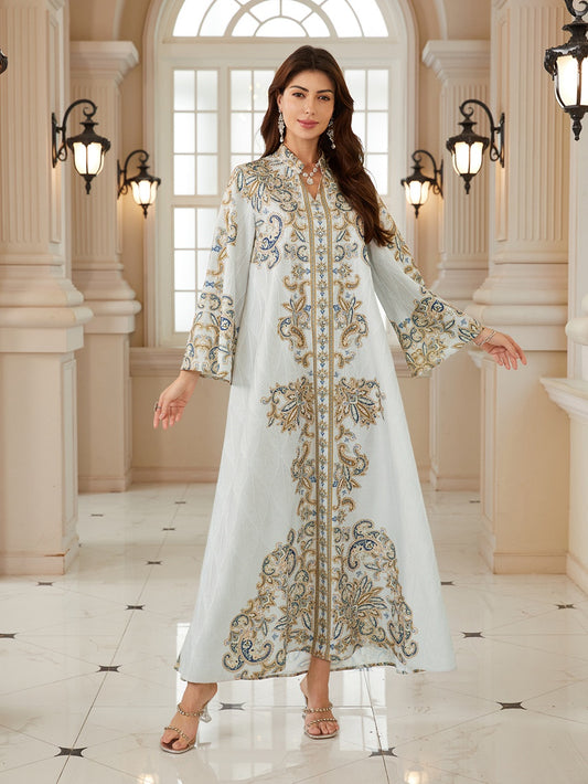 Hotfix Rhinestones Printed Caftan Kaftan Dress For Women - Jacquard Mukhawar Jalabiya Eid Dress -  #26N02