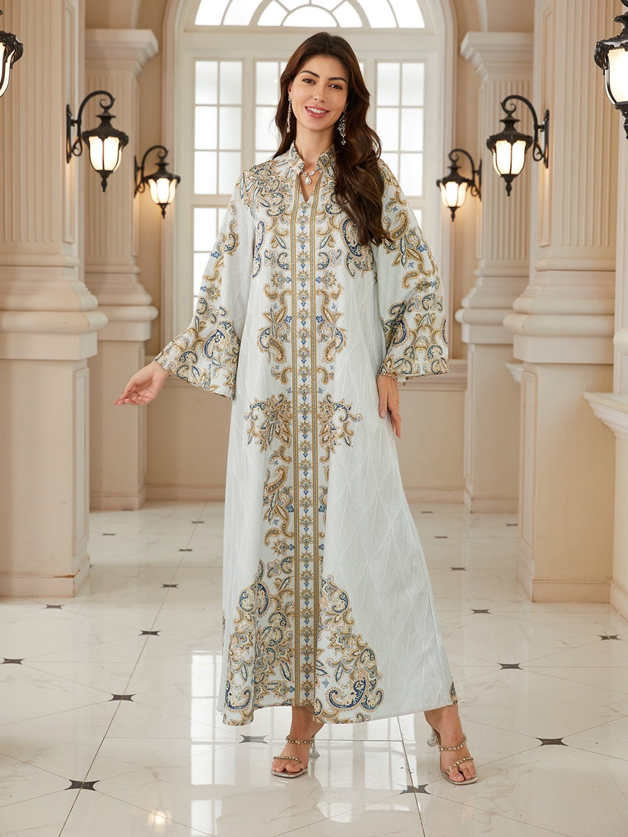 Hotfix Rhinestones Printed Caftan Kaftan Dress For Women - Jacquard Mukhawar Jalabiya Eid Dress -  #26N02