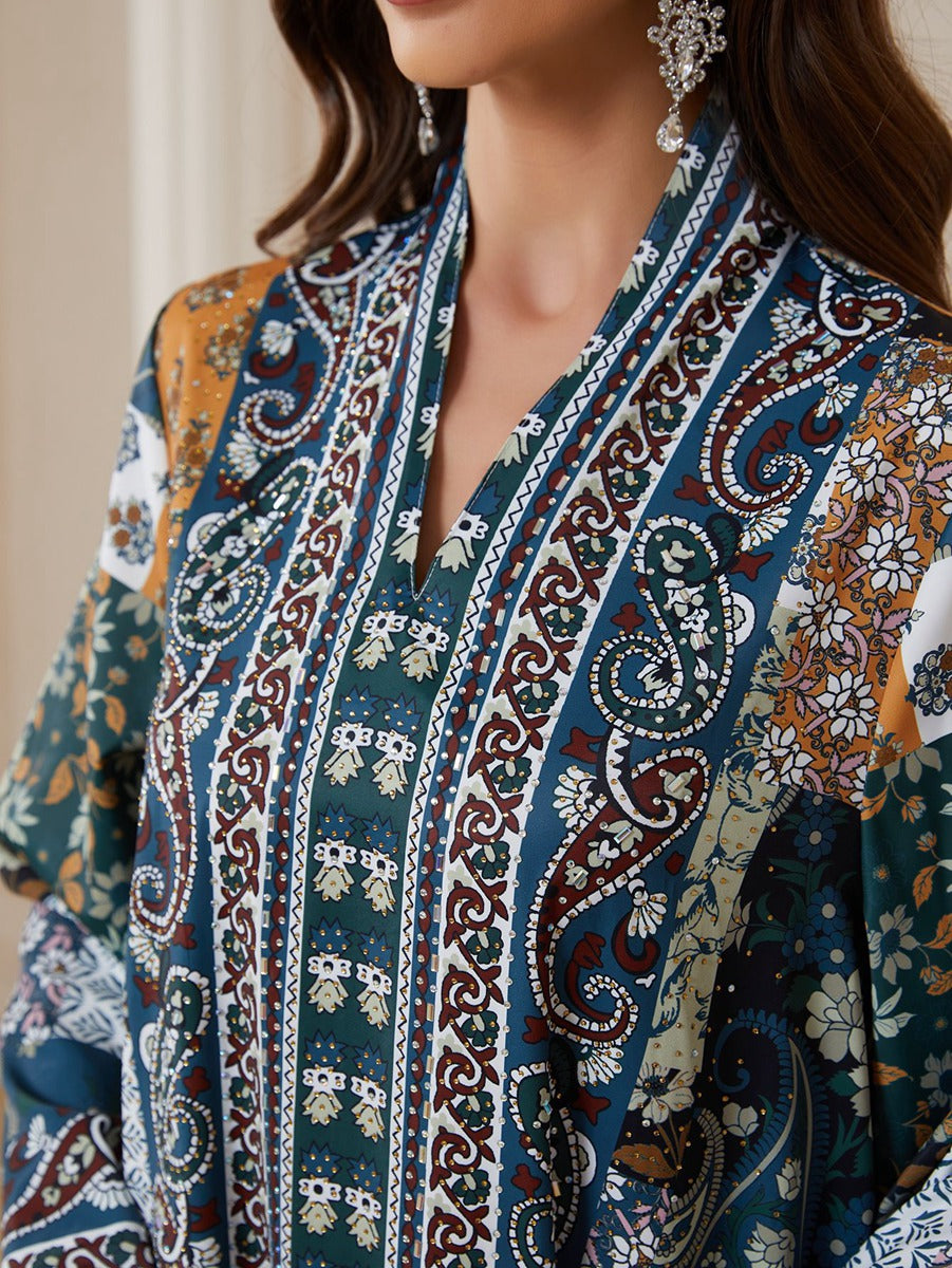 Hotfix Rhinestones Printed Caftan Kaftan Dress For Women - Mukhawar Jalabiya Eid Dress -  #26SX33