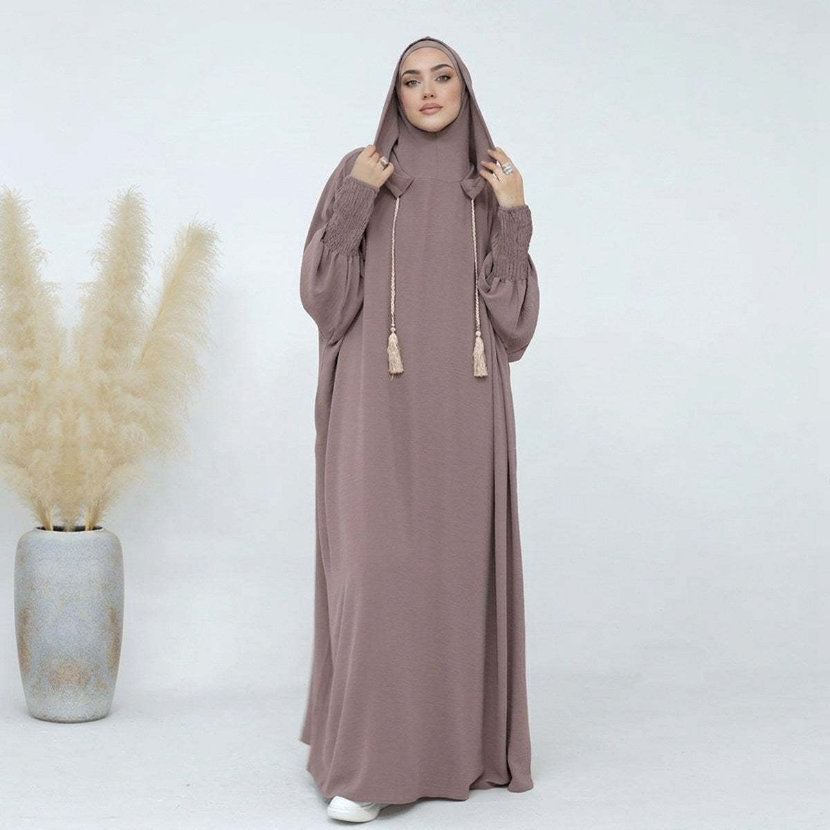 النساء المسلمات مقنعين العباءة فستان الصلاة مزيج القطن الجلباب ملابس حلال