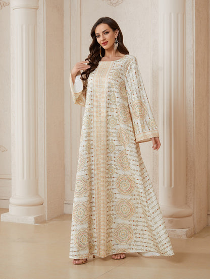 Hotfix Rhinestones Printed Caftan Kaftan Dress For Women - Jacquard Mukhawar Jalabiya Eid Dress -  Apricot - #26N11