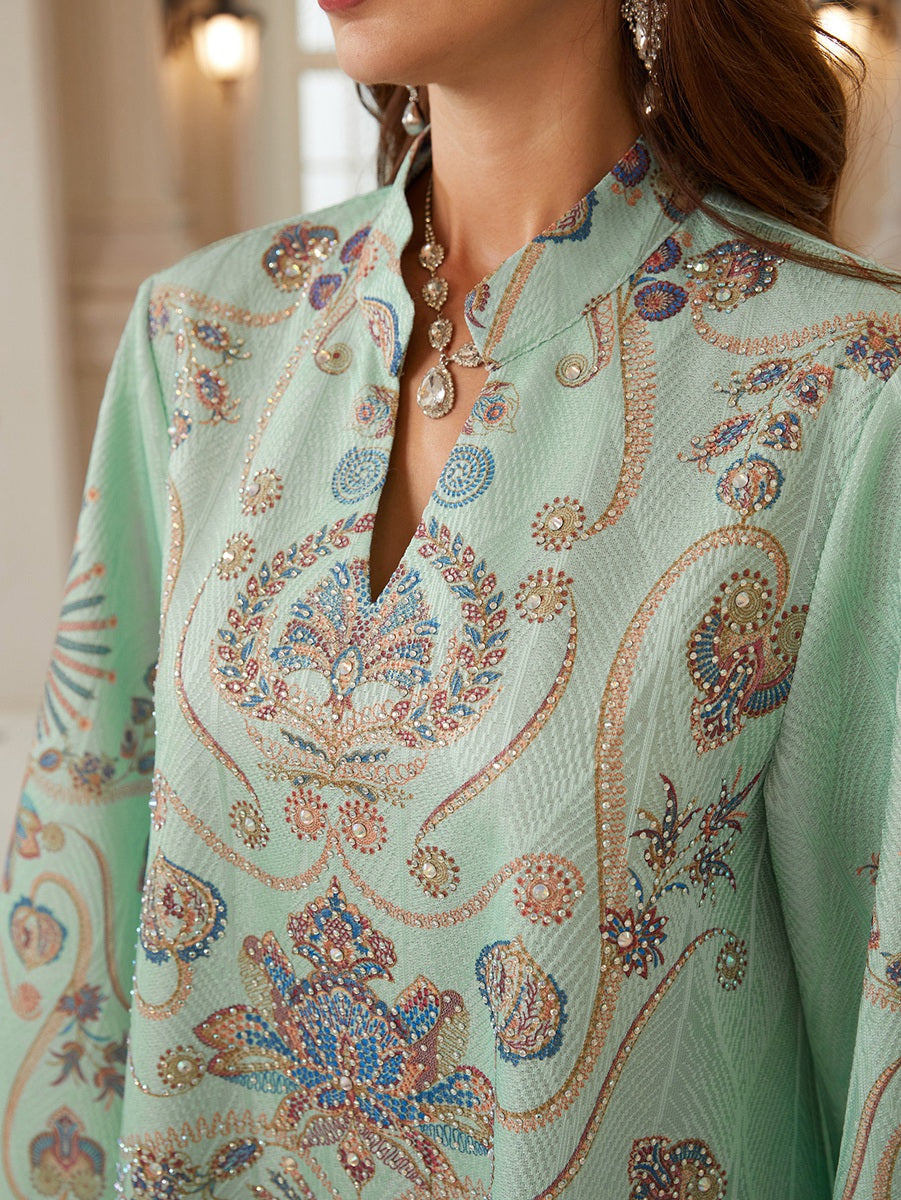 Hotfix Rhinestones Printed Caftan Kaftan Dress For Women - Jacquard Mukhawar Jalabiya Eid Dress -  #26N04