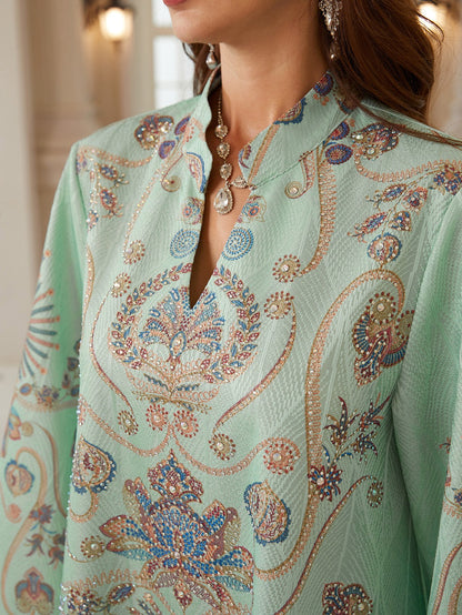 Hotfix Rhinestones Printed Caftan Kaftan Dress For Women - Jacquard Mukhawar Jalabiya Eid Dress -  #26N04