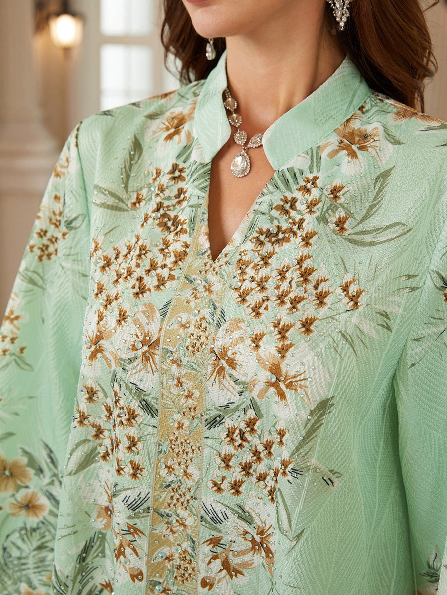 Hotfix Rhinestones Printed Caftan Kaftan Dress For Women - Jacquard Mukhawar Jalabiya Eid Dress -  #26N07