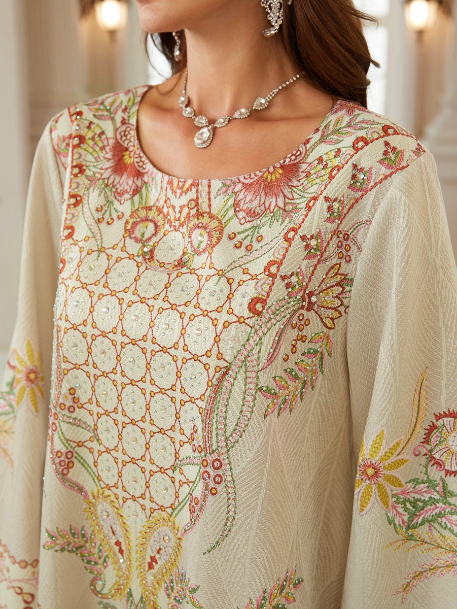 Hotfix Rhinestones Printed Caftan Kaftan Dress For Women - Jacquard Mukhawar Jalabiya Eid Dress -  Apricot - #26N04