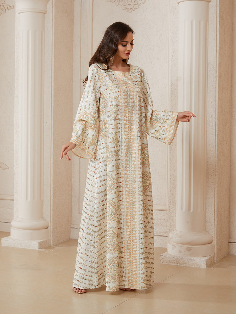 Hotfix Rhinestones Printed Caftan Kaftan Dress For Women - Jacquard Mukhawar Jalabiya Eid Dress -  Apricot - #26N11