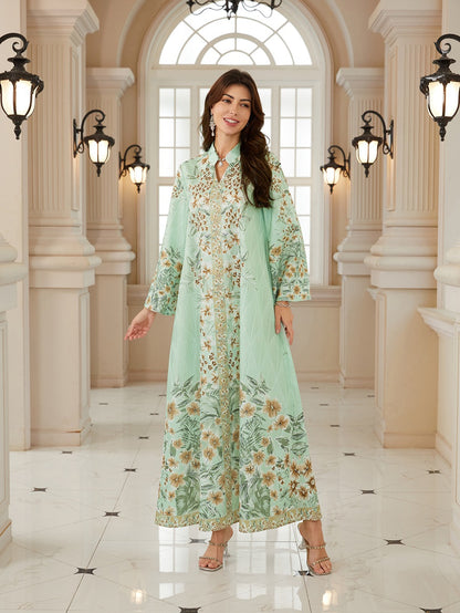 Hotfix Rhinestones Printed Caftan Kaftan Dress For Women - Jacquard Mukhawar Jalabiya Eid Dress -  #26N07