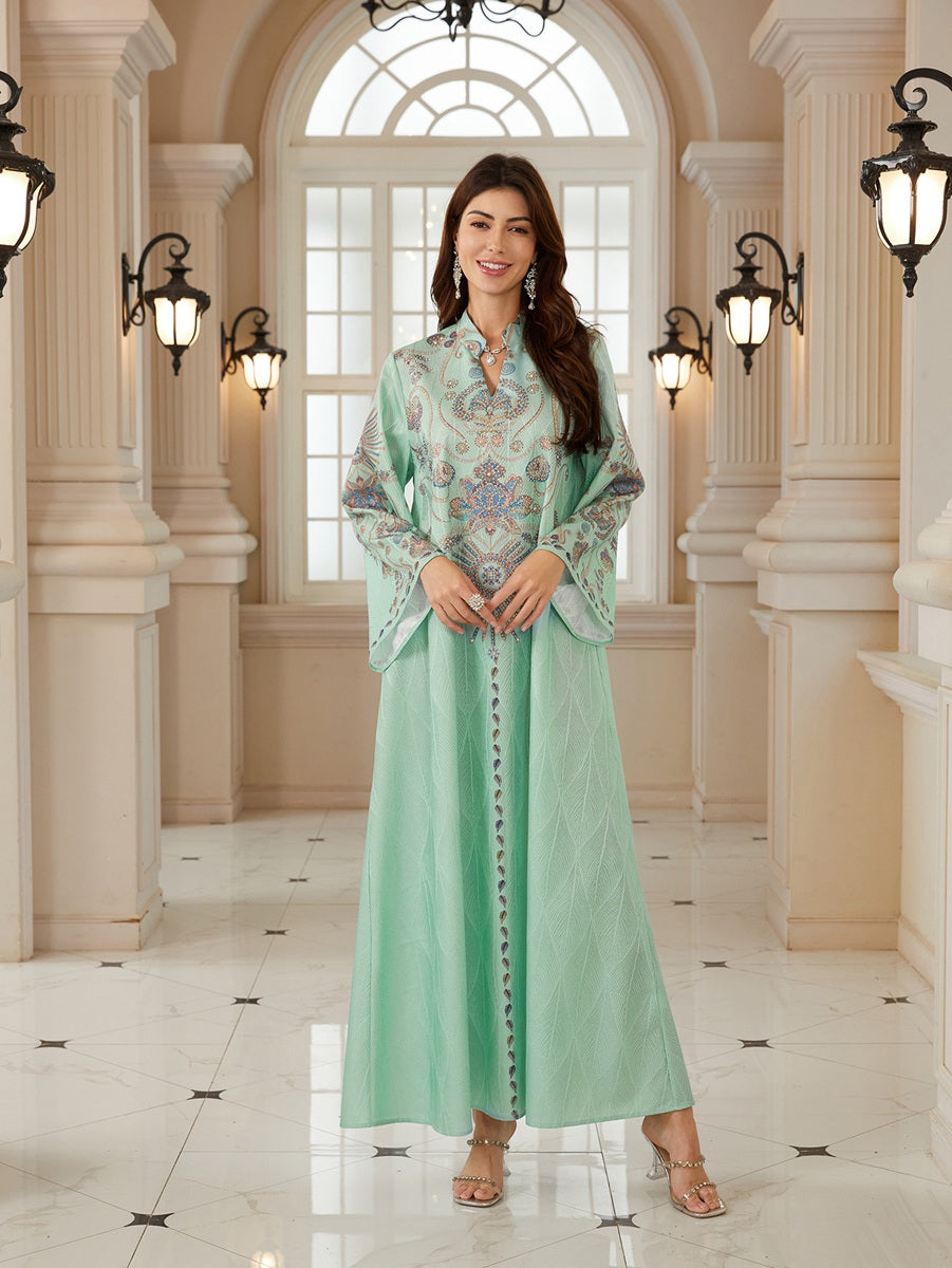 Hotfix Rhinestones Printed Caftan Kaftan Dress For Women - Jacquard Mukhawar Jalabiya Eid Dress -  #26N04