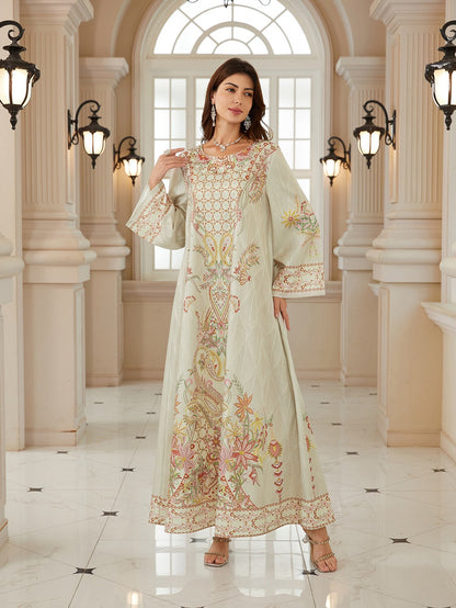 Hotfix Rhinestones Printed Caftan Kaftan Dress For Women - Jacquard Mukhawar Jalabiya Eid Dress -  Apricot - #26N04