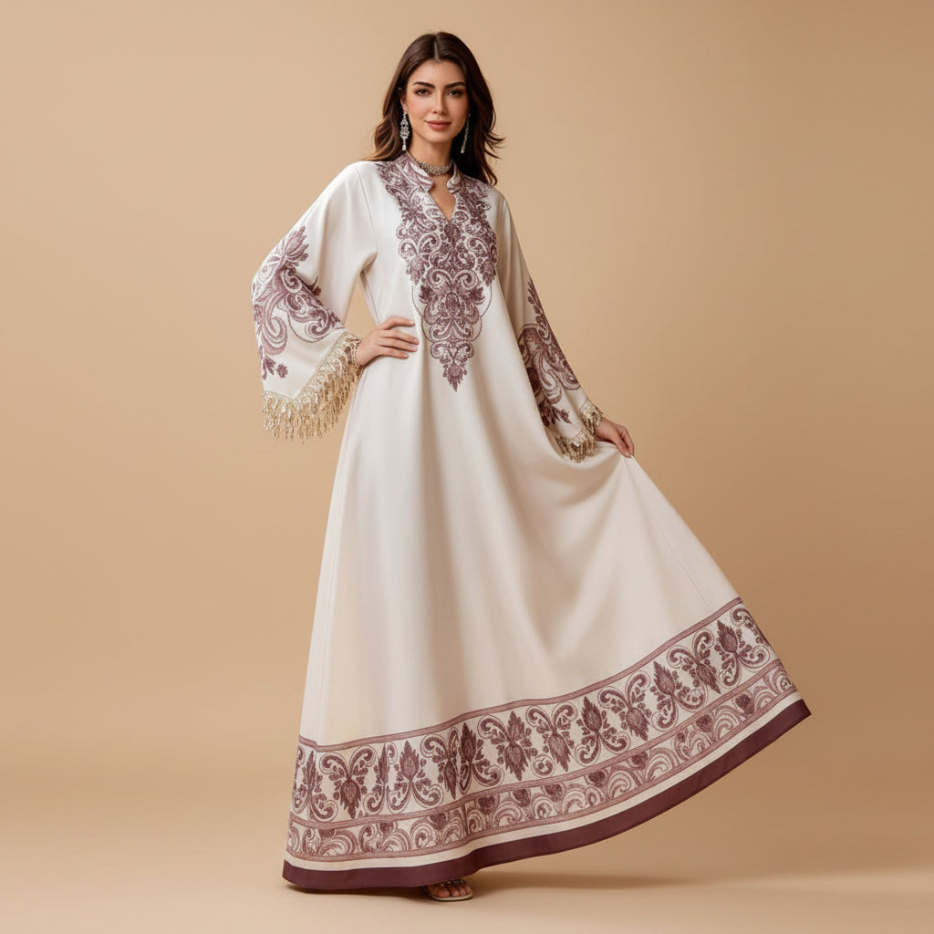 Hotfix Rhinestones Tassel Caftan Kaftan Dress For Women - Mukhawar Jalabiya Eid Dress - #26484