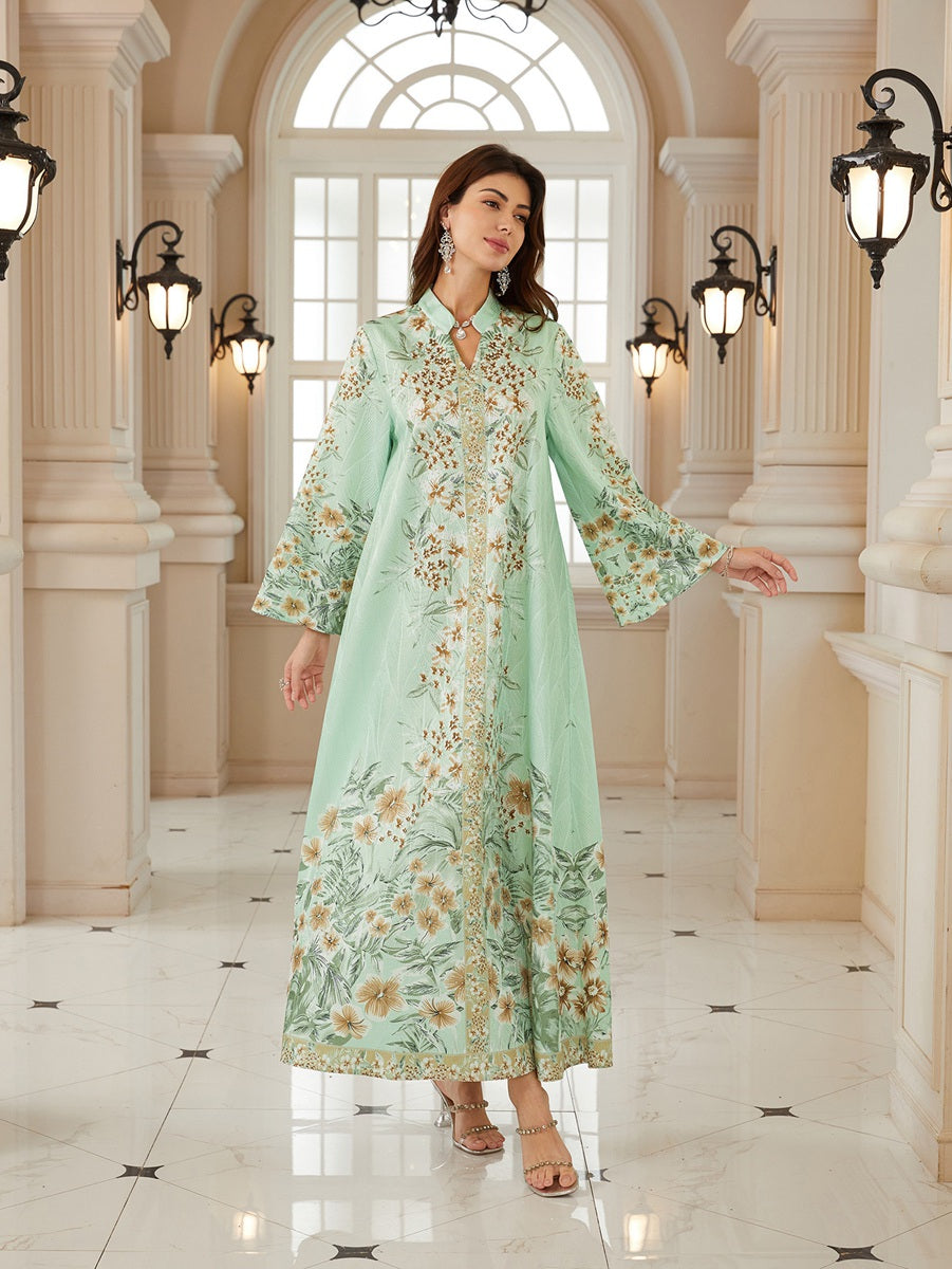 Hotfix Rhinestones Printed Caftan Kaftan Dress For Women - Jacquard Mukhawar Jalabiya Eid Dress -  #26N07