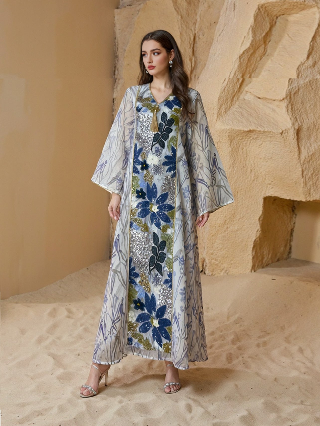 Eid Printed Sequins Muslim Women Caftan Kaftan Dress Jalabiya #25S151
