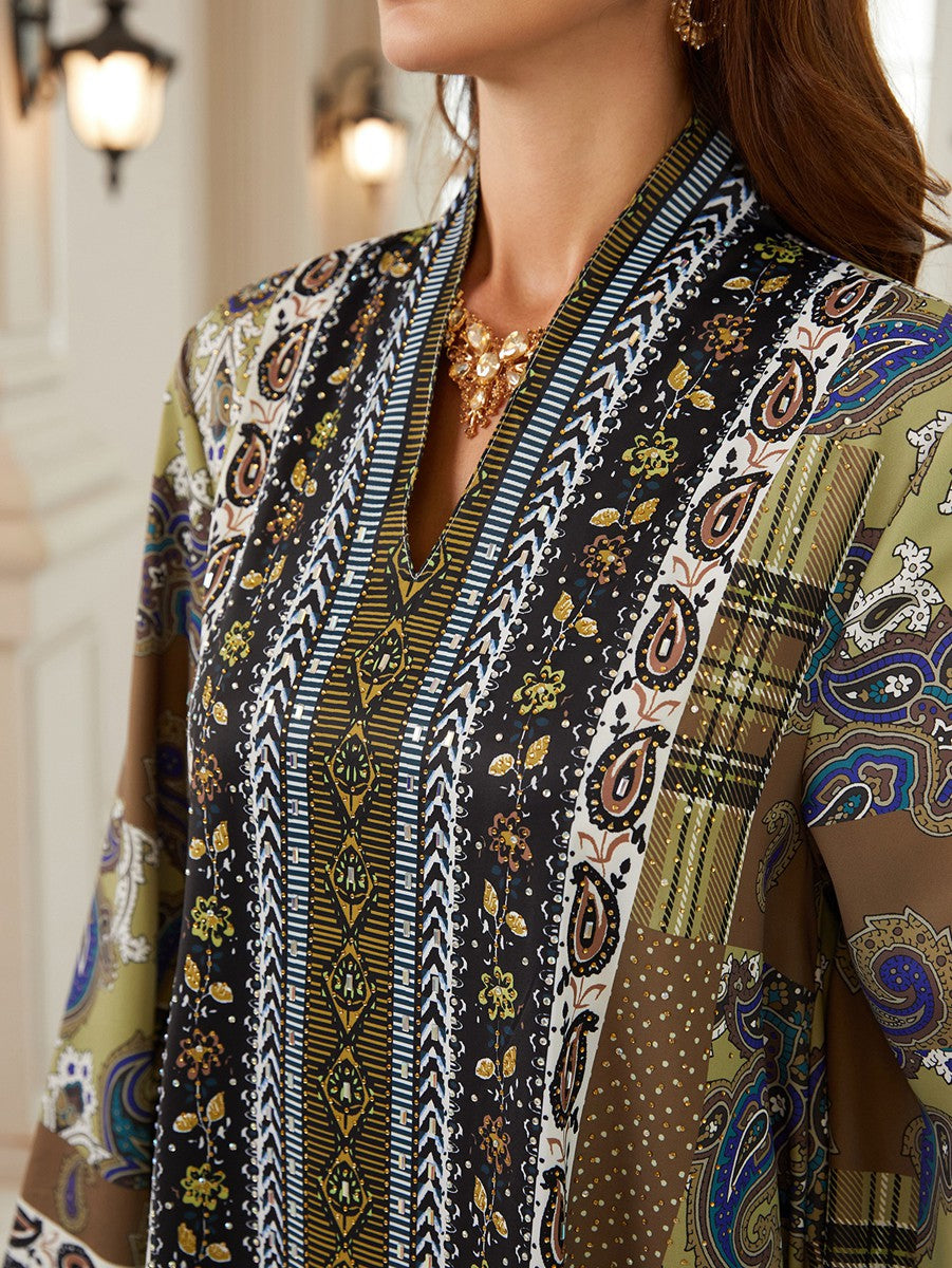 فستان قفطان نسائي مسلم مزين بأحجار الراين المطبوعة والمثبتة بالحرارة بمناسبة عيد الفطر #26SX19