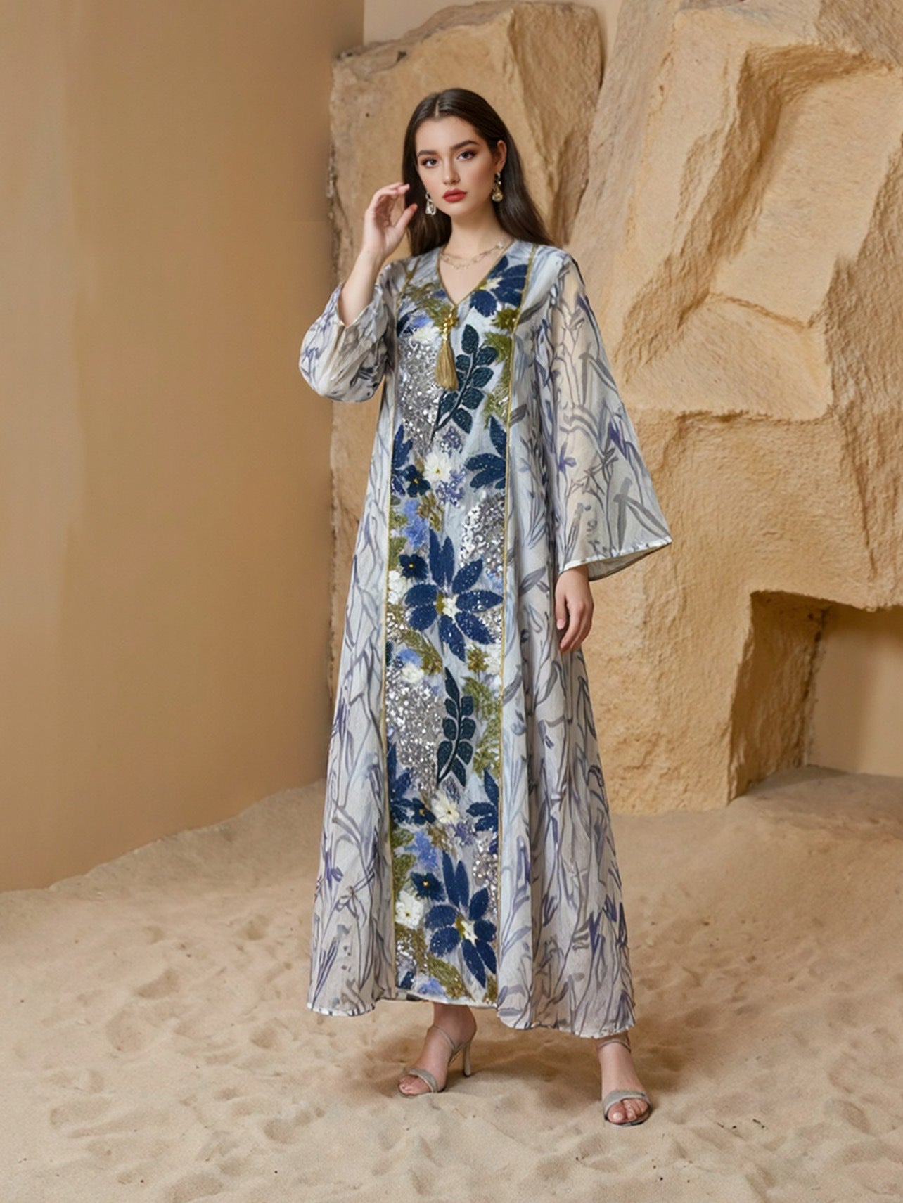 Eid Printed Sequins Muslim Women Caftan Kaftan Dress Jalabiya #25S151