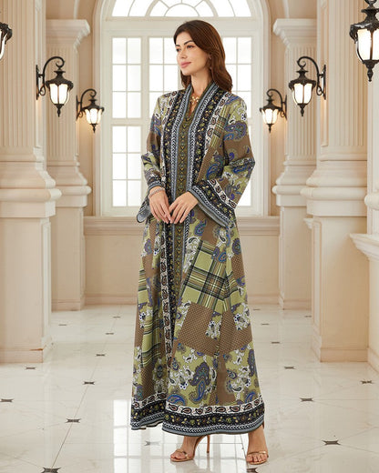 فستان قفطان نسائي مسلم مزين بأحجار الراين المطبوعة والمثبتة بالحرارة بمناسبة عيد الفطر #26SX19