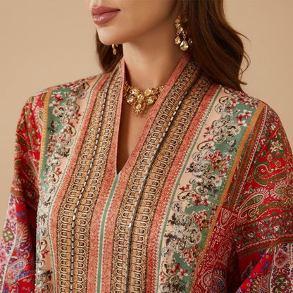 فستان قفطان أحمر مطبوع للنساء المسلمات بمناسبة العيد #26SX01