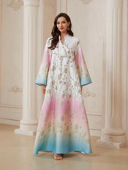 Hotfix Rhinestones Beads Gradient Color Caftan Kaftan Dress - Mukhawar Jalabiya Eid Dress - #26S2609