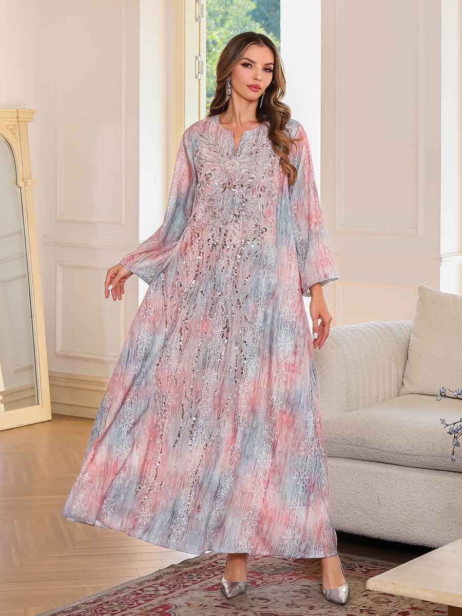 Eid Sequins Dress Muslim Women Printed Caftan Kaftan Dress #25136