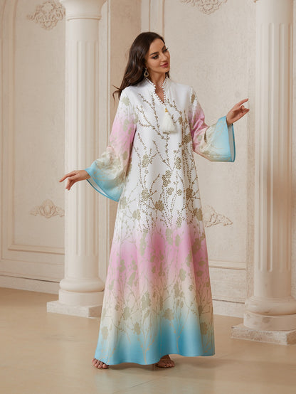 Hotfix Rhinestones Beads Gradient Color Caftan Kaftan Dress - Mukhawar Jalabiya Eid Dress - #26S2609