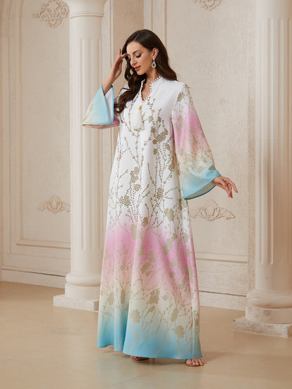 Hotfix Rhinestones Beads Gradient Color Caftan Kaftan Dress - Mukhawar Jalabiya Eid Dress - #26S2609