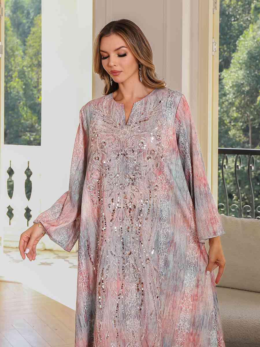 Eid Sequins Dress Muslim Women Printed Caftan Kaftan Dress #25136