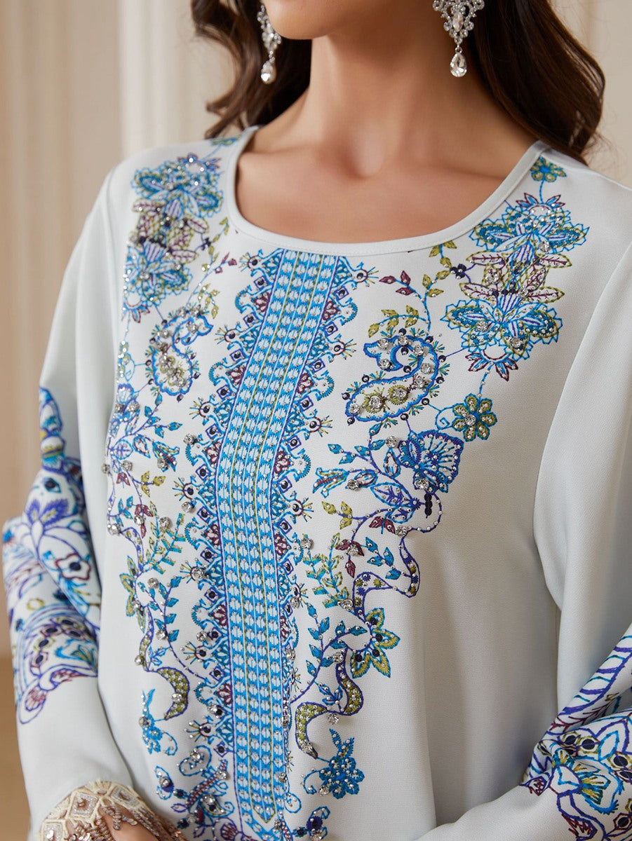 Eid Rhinestones Printed Caftan Kaftan Dress Jalabiya #26S2612