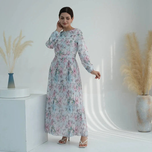 Muslim Women Pleated Chiffon Printed Abaya Dress