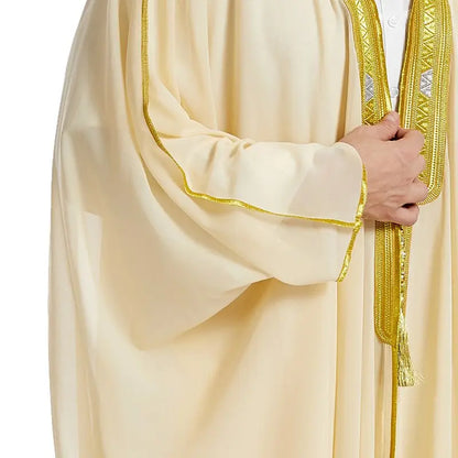 Islamic Muslim Arab Men Bisht Chiffon Fabric With Tassel And Embroidery