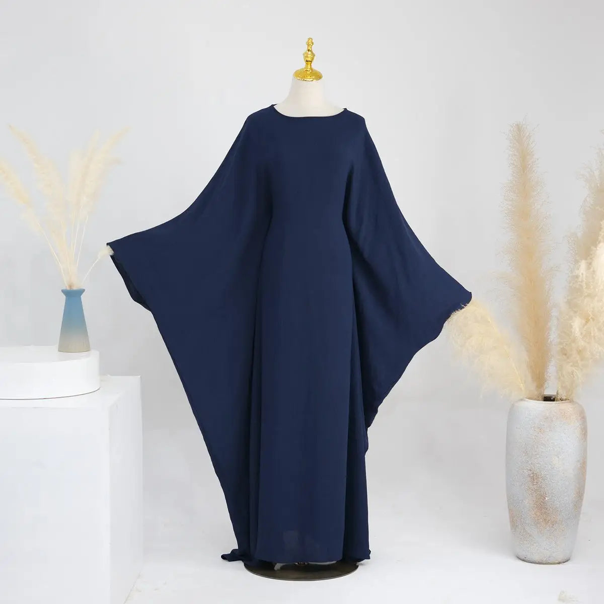 Wrinkle Fabric Batwing Sleeve Farasha Abaya Dress With Inner Belt