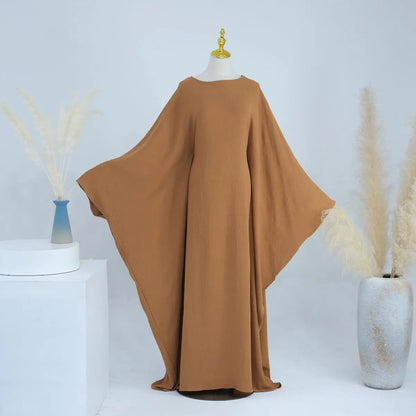 Wrinkle Fabric Batwing Sleeve Farasha Abaya Dress With Inner Belt