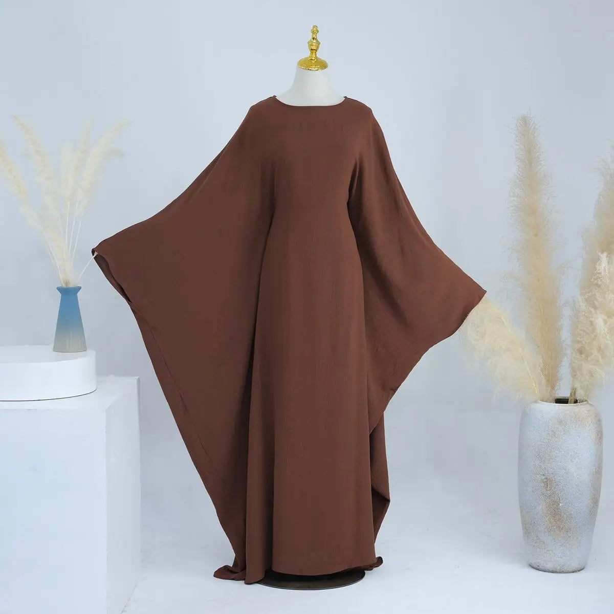 Wrinkle Fabric Batwing Sleeve Farasha Abaya Dress With Inner Belt