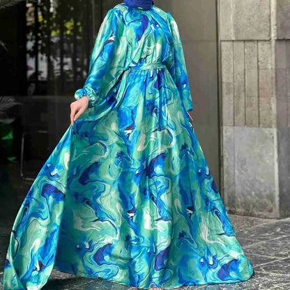 Printed Muslim Women Satin Abaya Dress