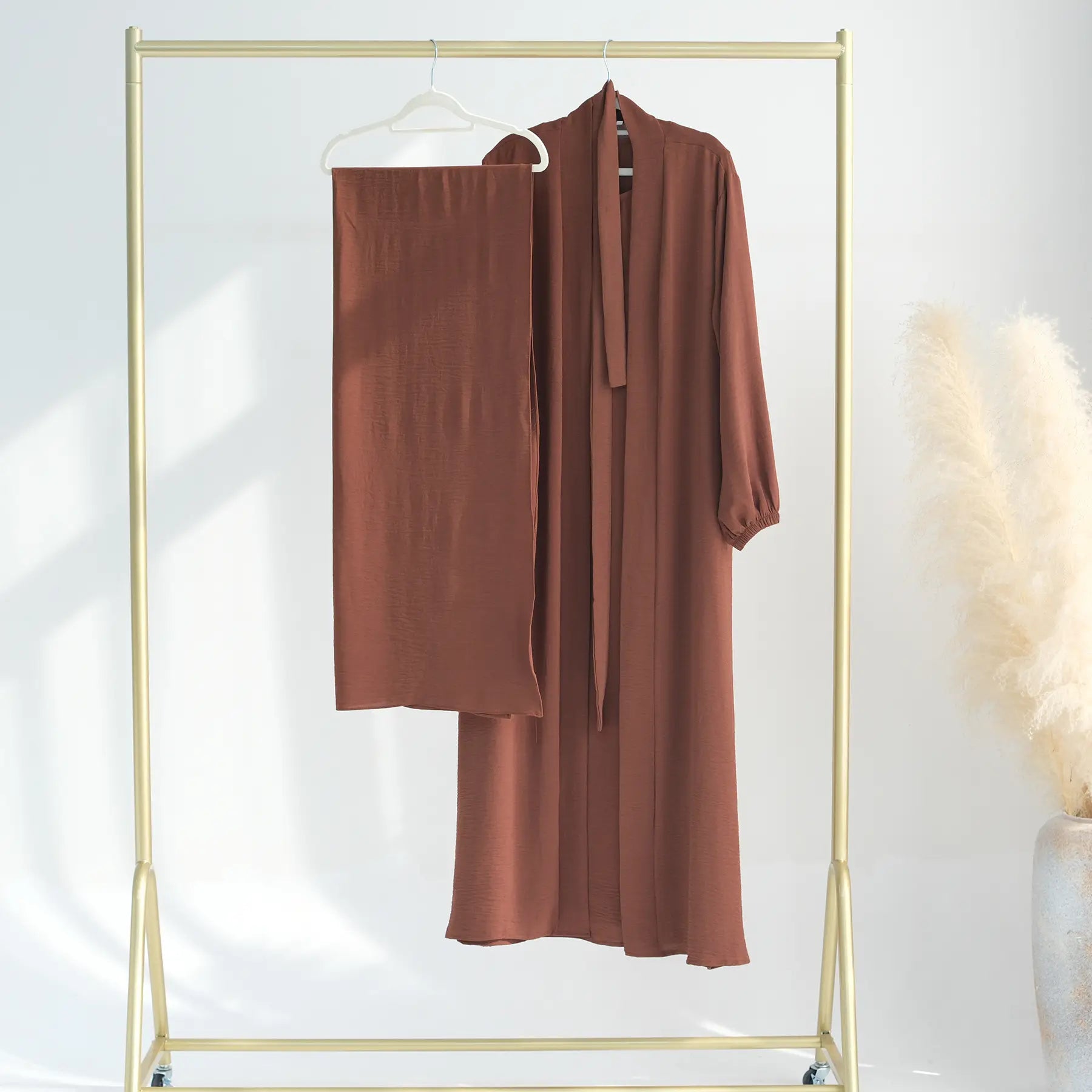 3 Pieces Set Wrinkle Fabric Cardigan Open Abaya Dress With Hijab