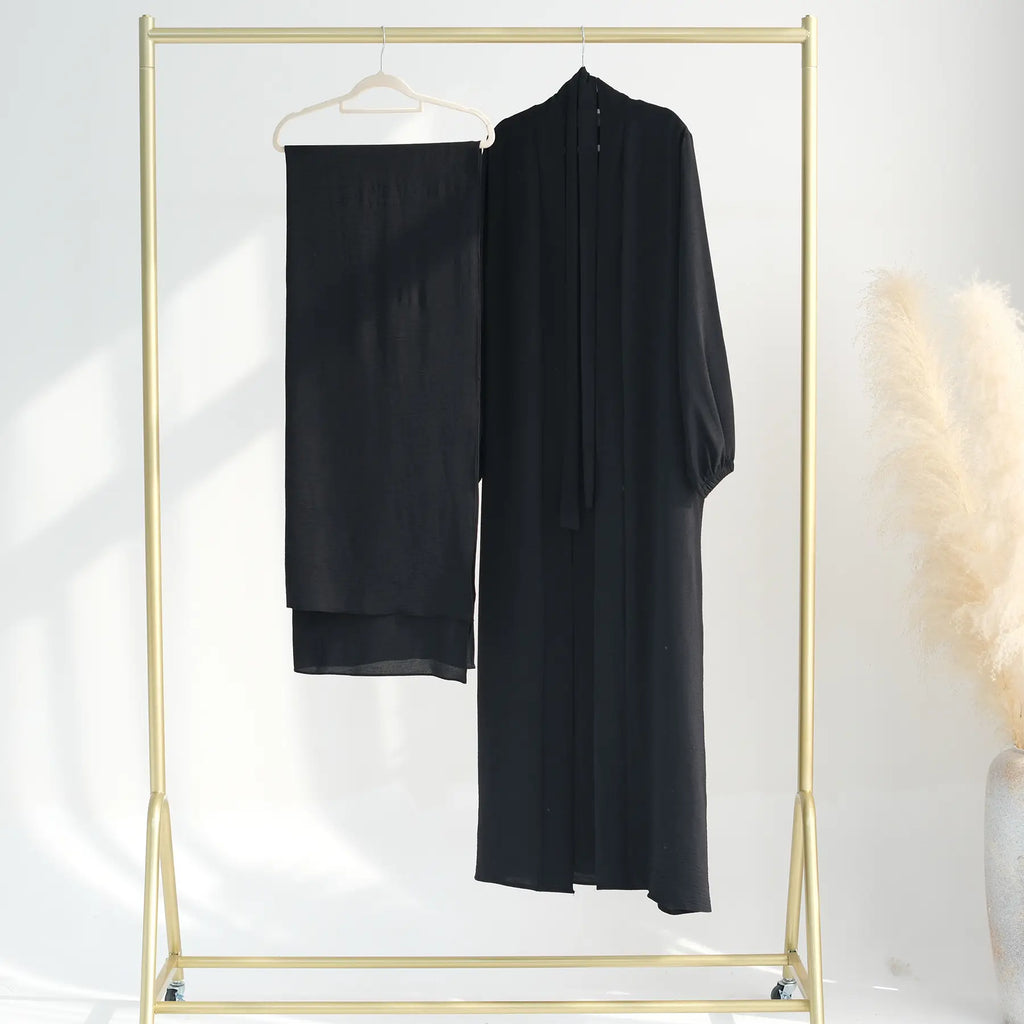 3 Pieces Set Wrinkle Fabric Cardigan Open Abaya Dress With Hijab